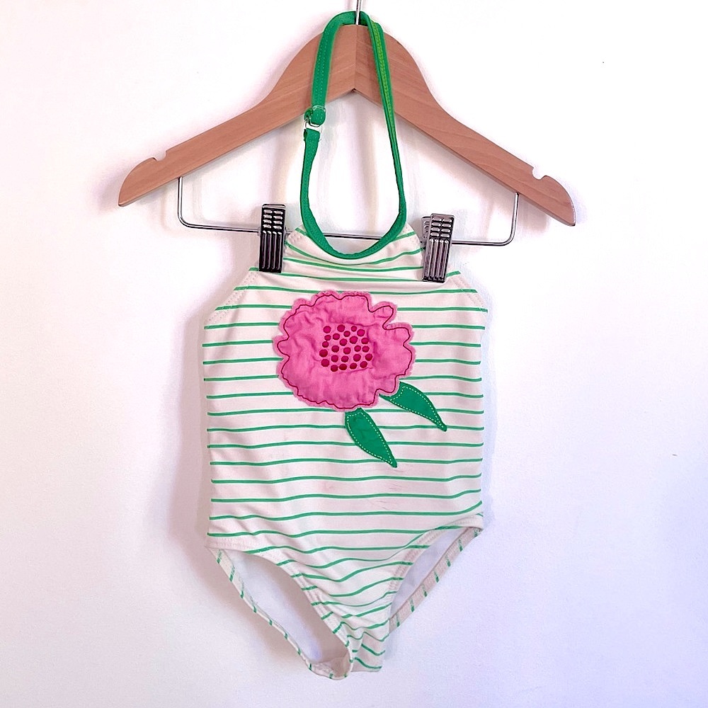 10/$20💥🌸 Baby Girl Halter One-Piece Bathing Suit, Flower, White & Green Stripes